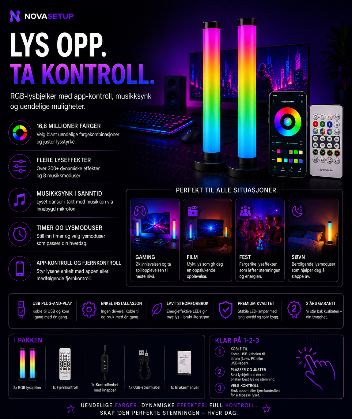 RGB Lysbjelker for Gaming Setup – Smart App-kontroll
