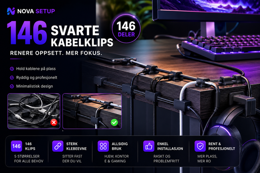 146 svarte kabelklips – Minimalistisk Setup-organizer