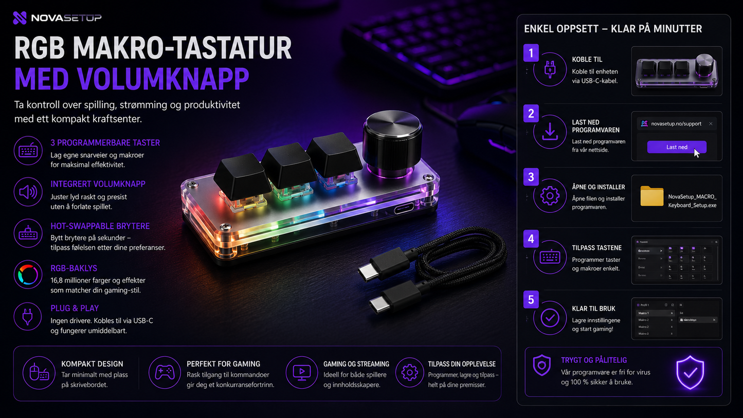 RGB Makrotastatur med Volumknapp – Gaming og Streaming