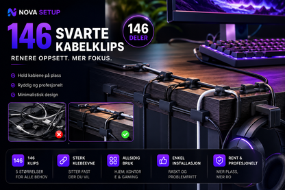 146 svarte kabelklips – Minimalistisk Setup-organizer