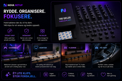 146 svarte kabelklips – Minimalistisk Setup-organizer