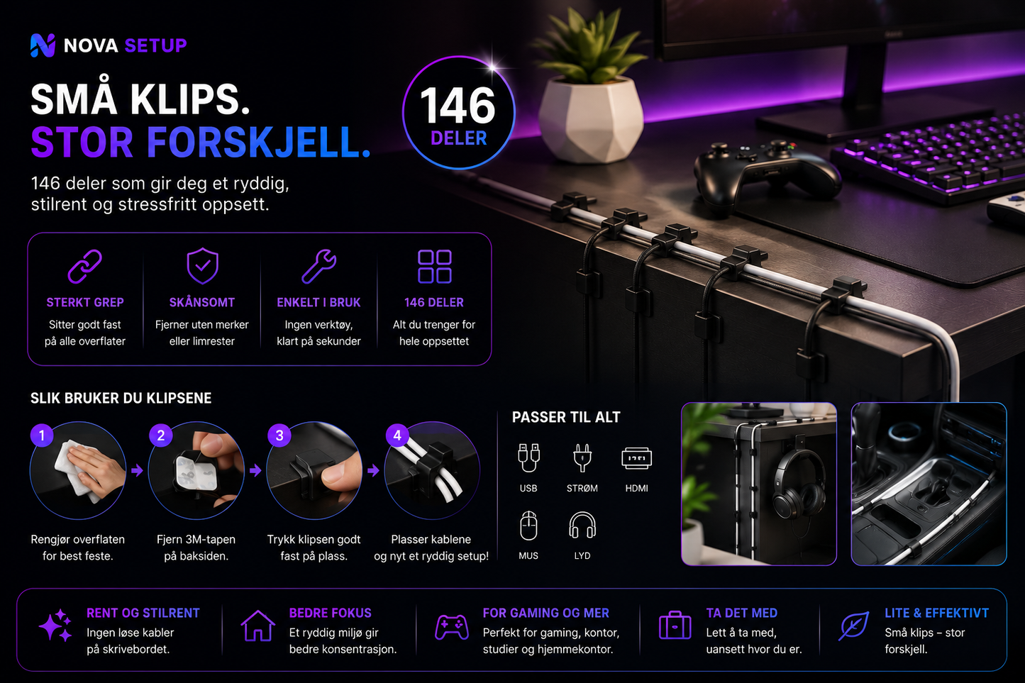 146 svarte kabelklips – Minimalistisk Setup-organizer