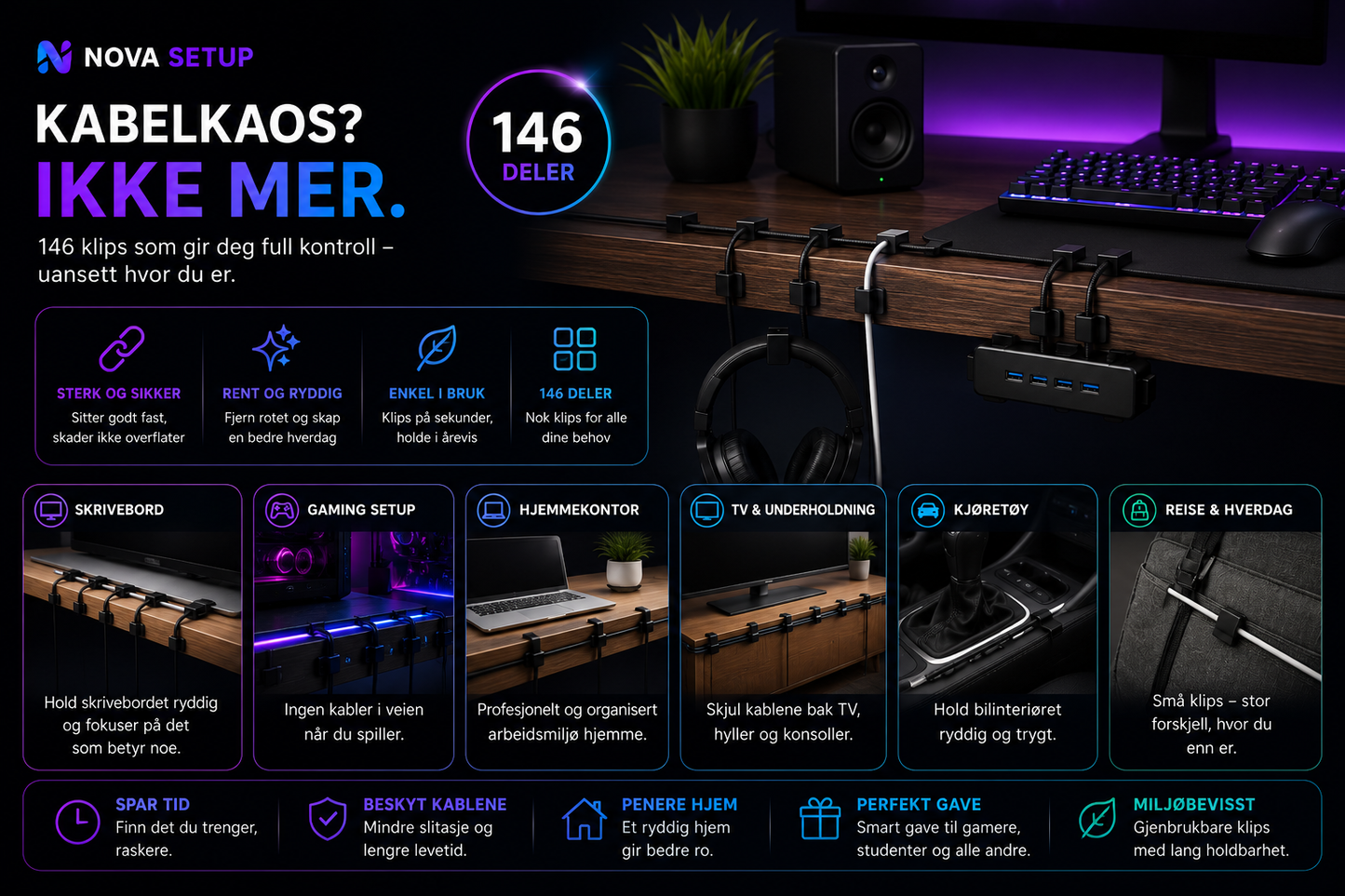 146 svarte kabelklips – Minimalistisk Setup-organizer