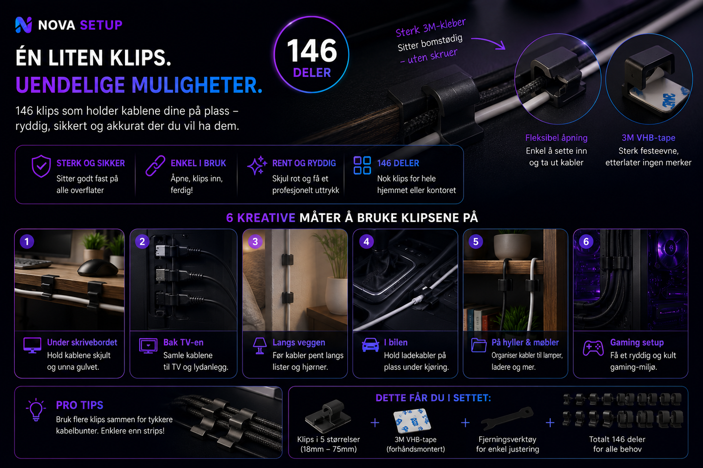 146 svarte kabelklips – Minimalistisk Setup-organizer