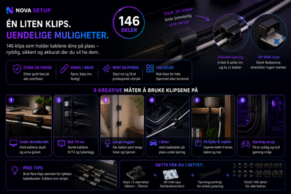 146 svarte kabelklips – Minimalistisk Setup-organizer