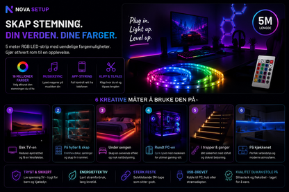 5M RGB LED-lyslist – Bluetooth og Musikksync
