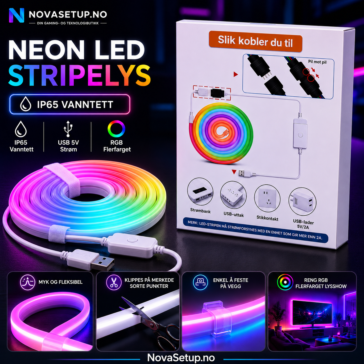 3M RGB LED-lyslist – Gaming & Skrivebord
