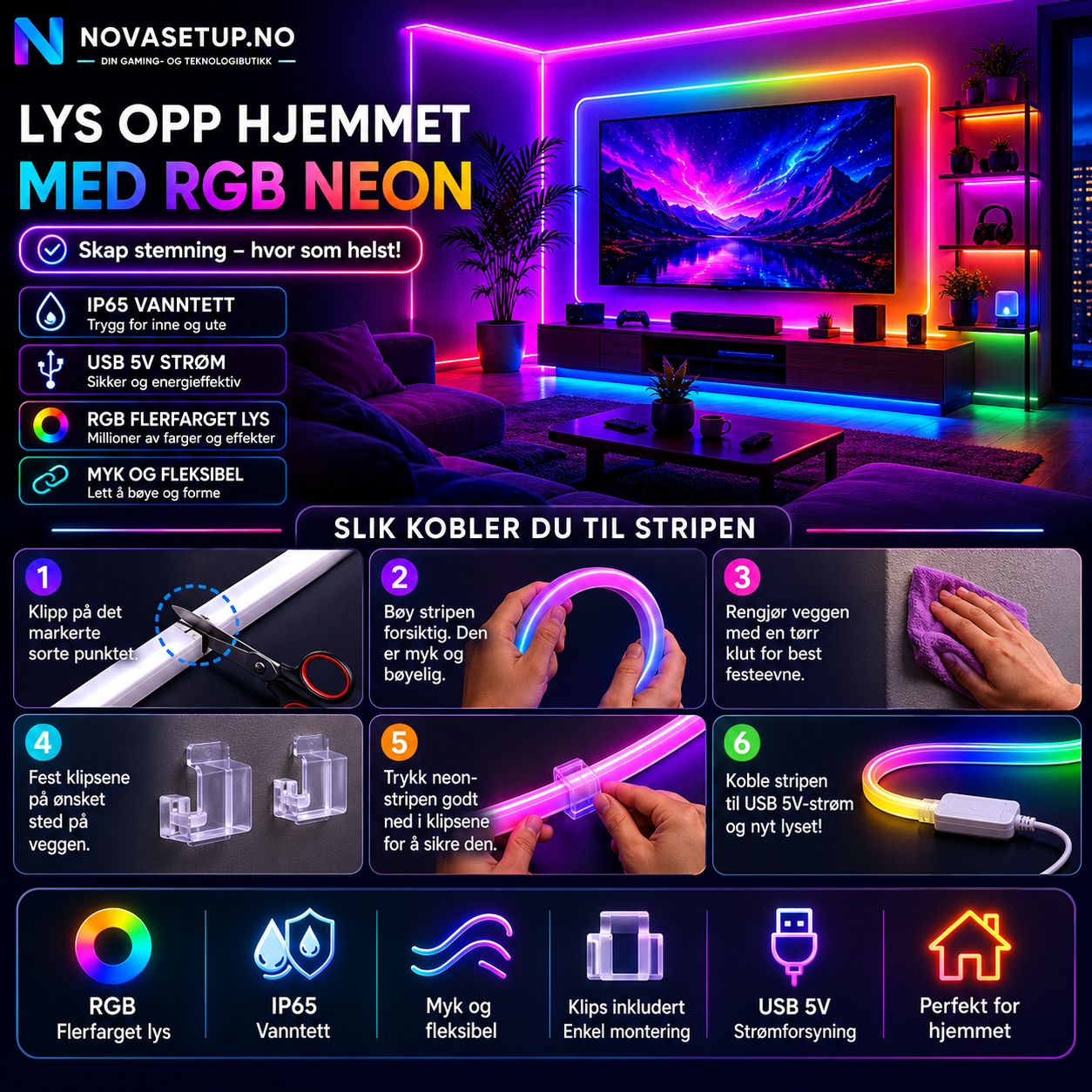 3M RGB LED-lyslist – Gaming & Skrivebord