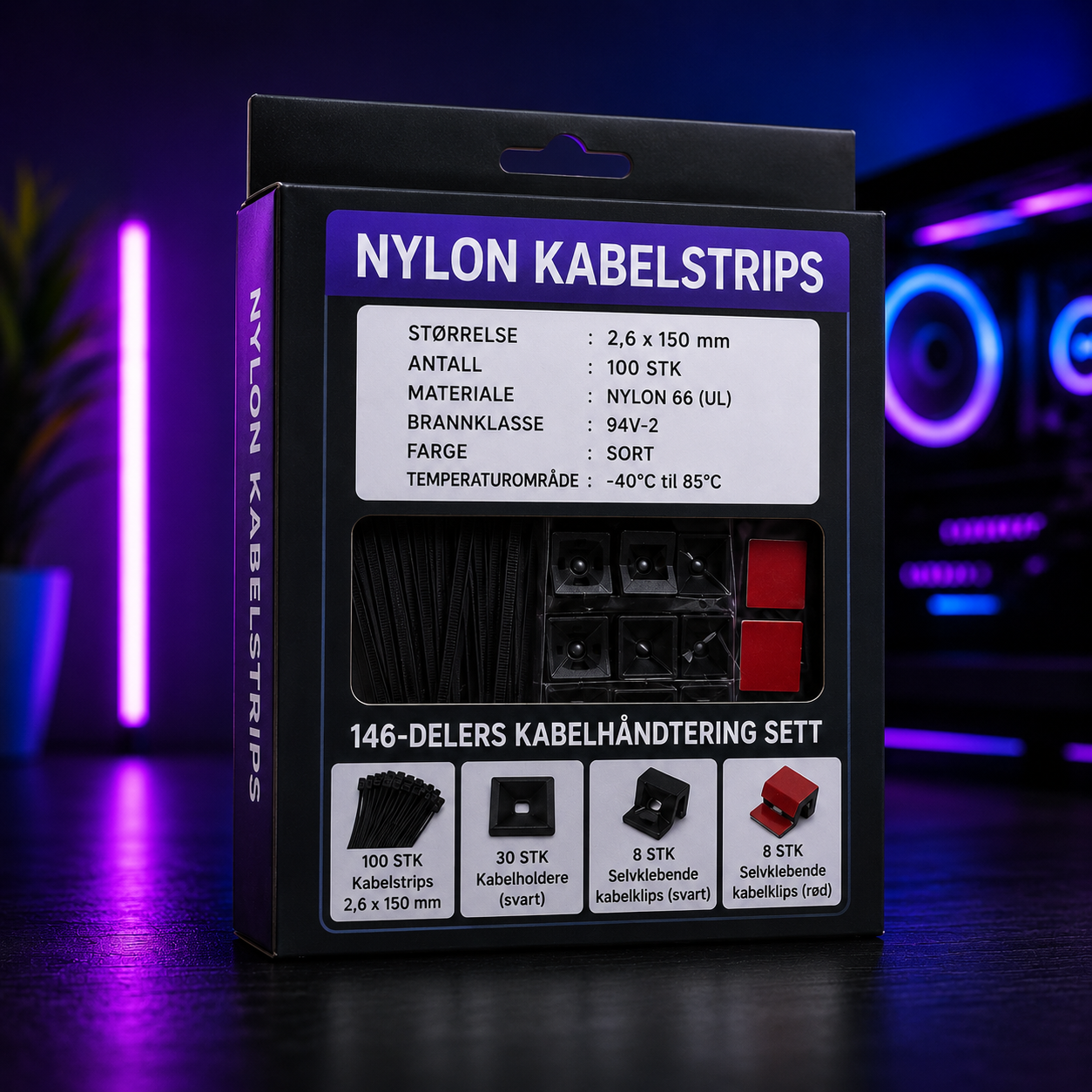146 svarte kabelklips – Minimalistisk Setup-organizer