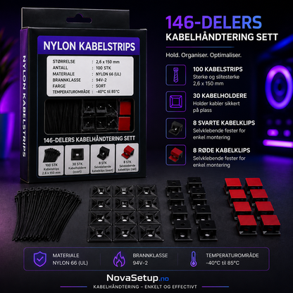 146 svarte kabelklips – Minimalistisk Setup-organizer