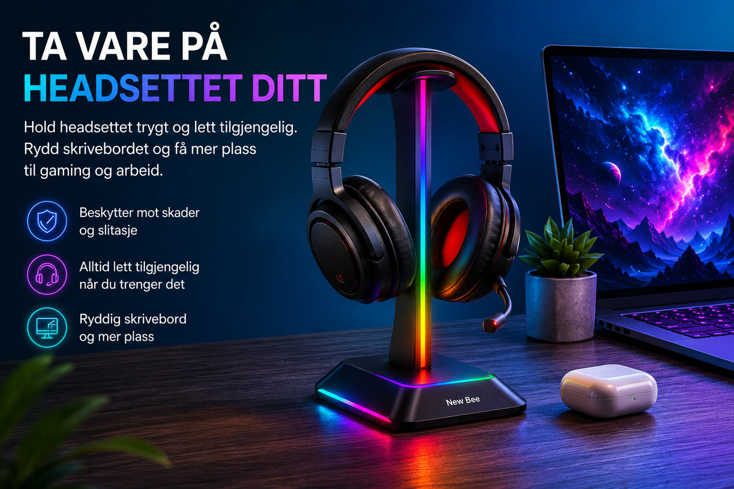 RGB Headsetstativ med USB-porter – Gaming Setup