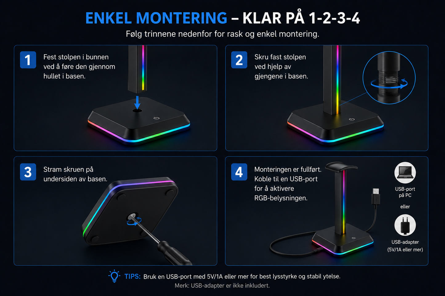 RGB Headsetstativ med USB-porter – Gaming Setup