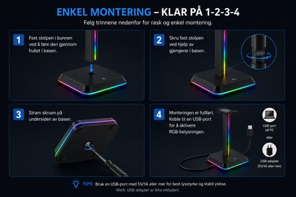 RGB Headsetstativ med USB-porter – Gaming Setup