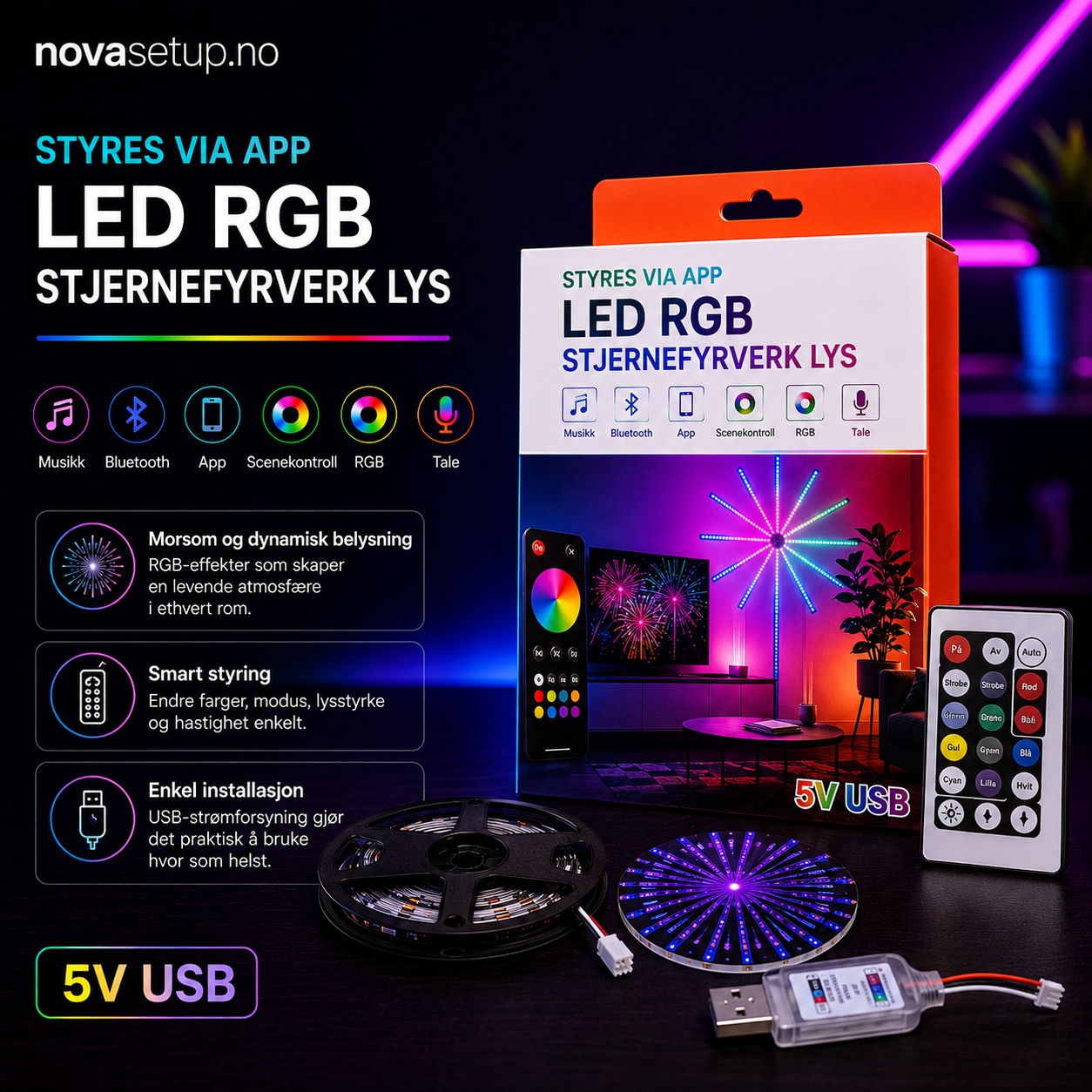 RGB Fyrverkslampe med Bluetooth og Musikksync