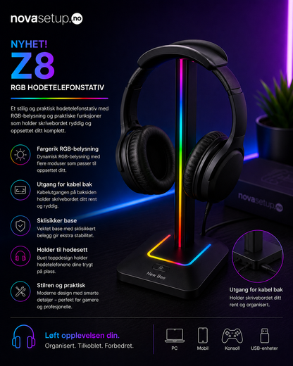 RGB Headsetstativ med USB-porter – Gaming Setup