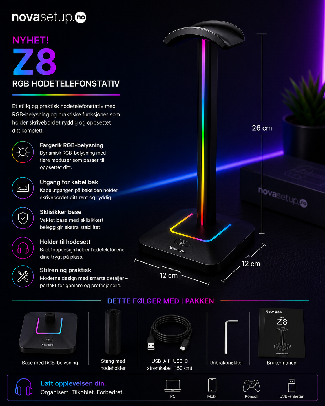RGB Headsetstativ med USB-porter – Gaming Setup