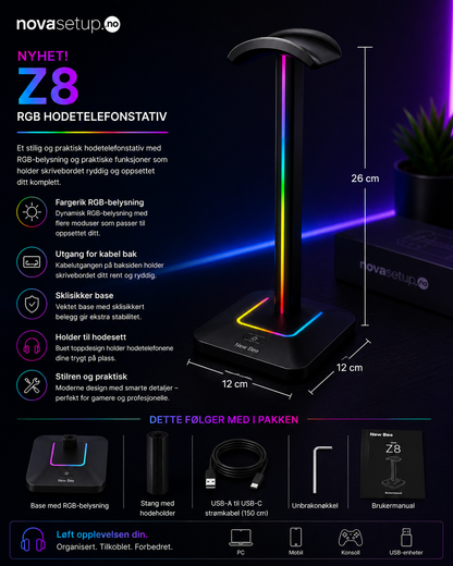 RGB Headsetstativ med USB-porter – Gaming Setup