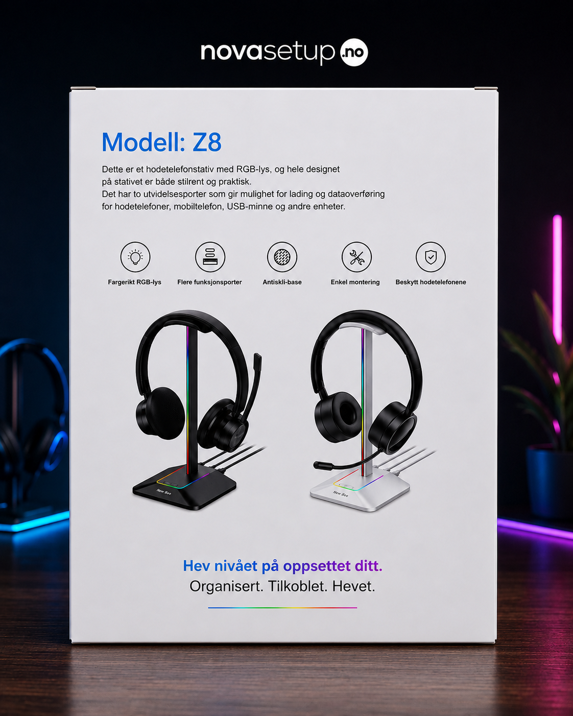 RGB Headsetstativ med USB-porter – Gaming Setup