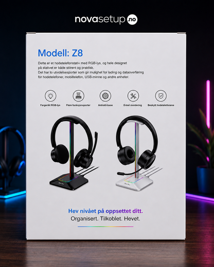 RGB Headsetstativ med USB-porter – Gaming Setup