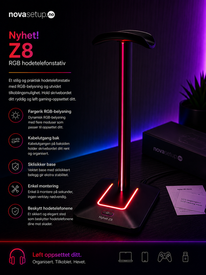 RGB Headsetstativ med USB-porter – Gaming Setup