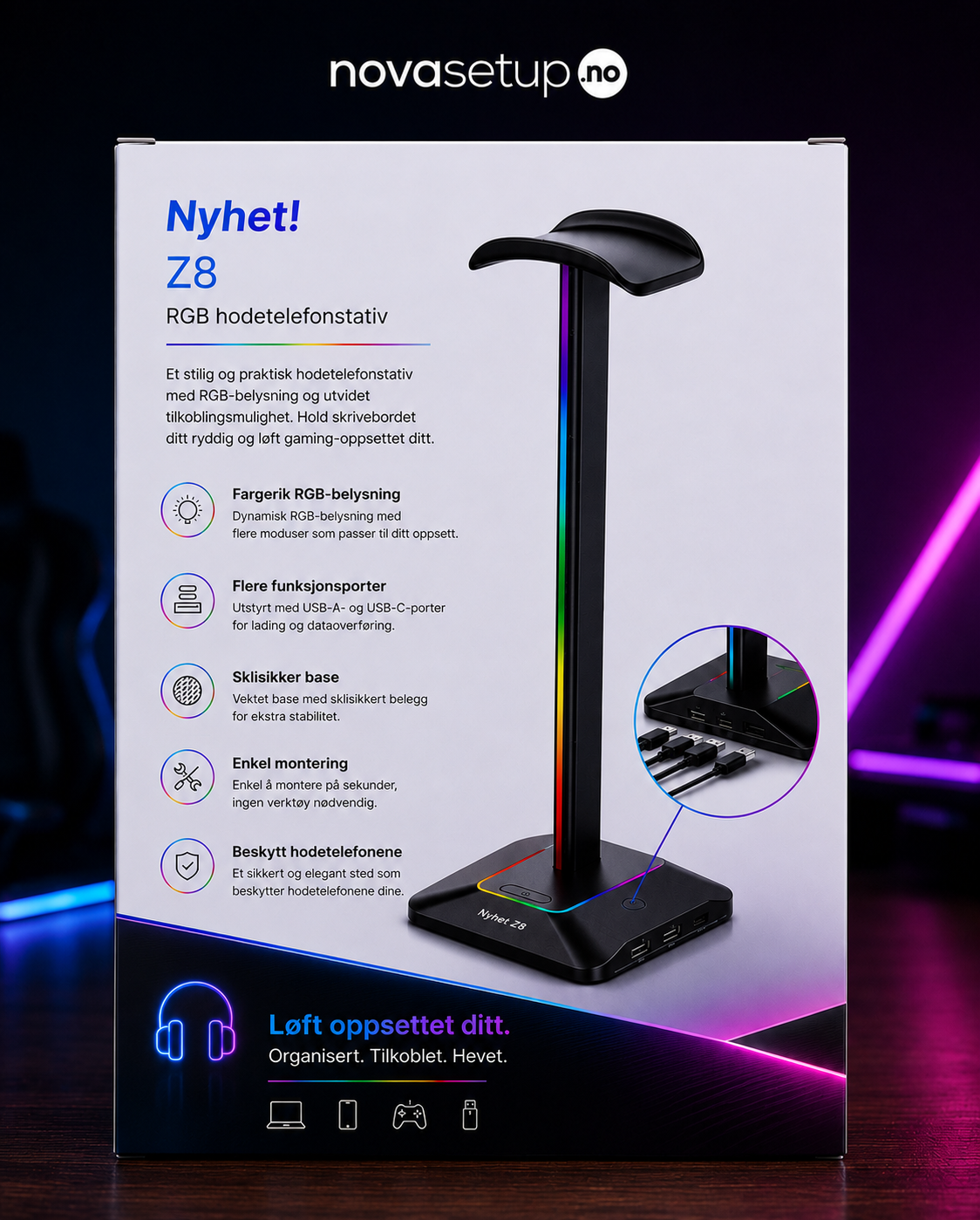 RGB Headsetstativ med USB-porter – Gaming Setup