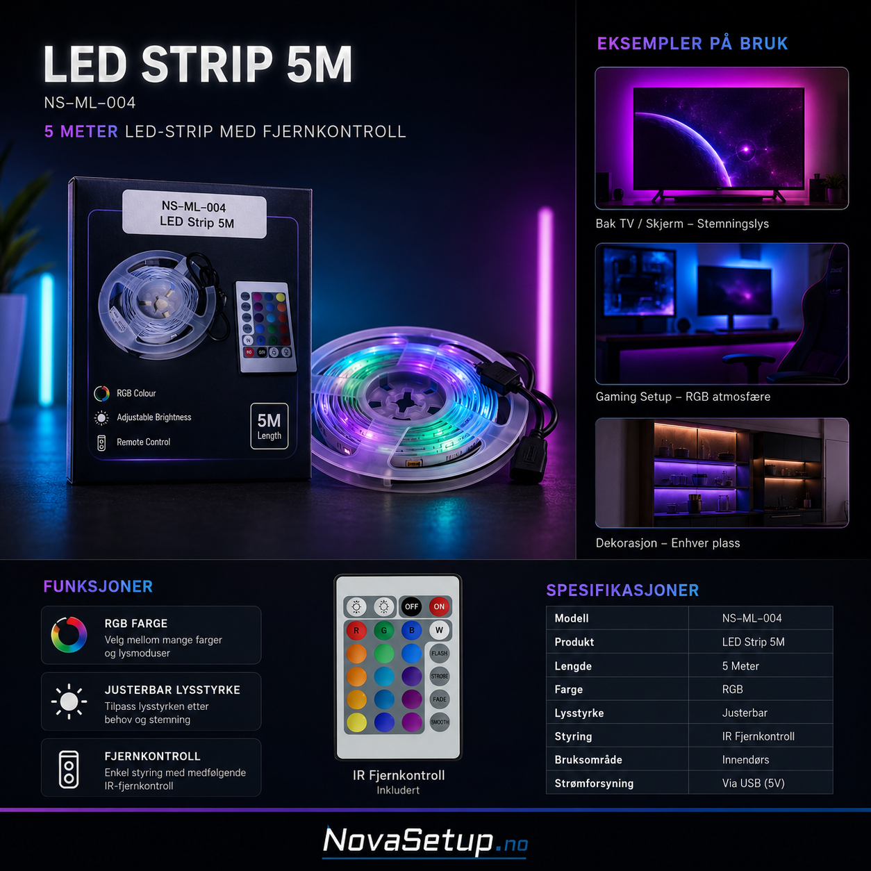 5M RGB LED-lyslist – Bluetooth og Musikksync